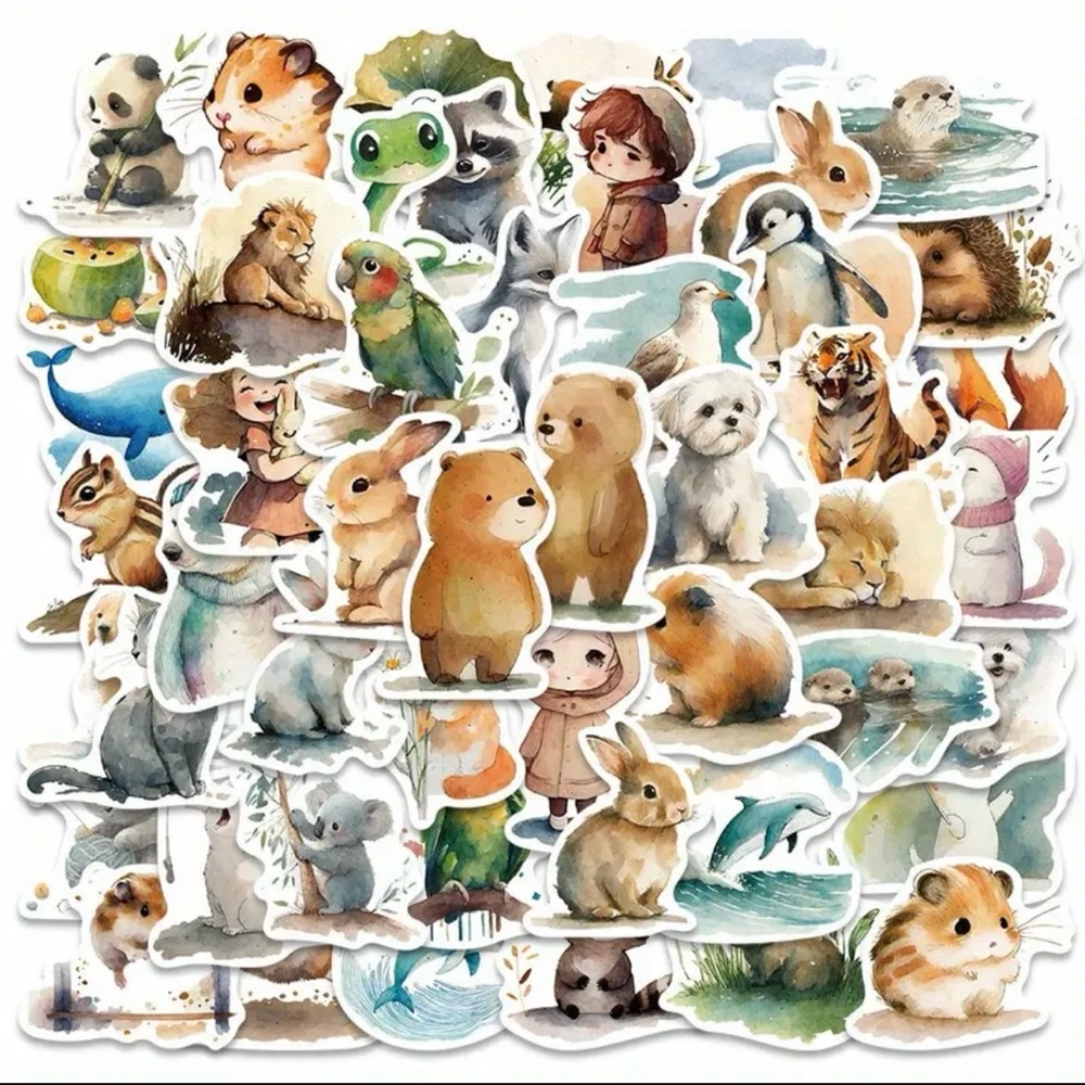 50 Cute Animal Stickers Watercolor Bear Cat Parrot Dolphin Tiger Hamster Frog